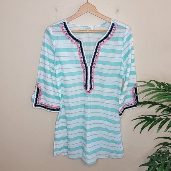 Mud Pie Mint Green White Striped Tunic with Embroidery Sequin Detail Size Small - Picture 1 of 6
